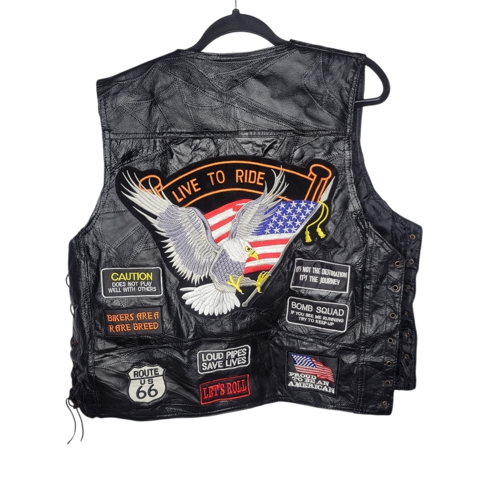 Diamond Plate Buffalo Leather Biker Vest Size XL With Patches - Picture 2 of 5